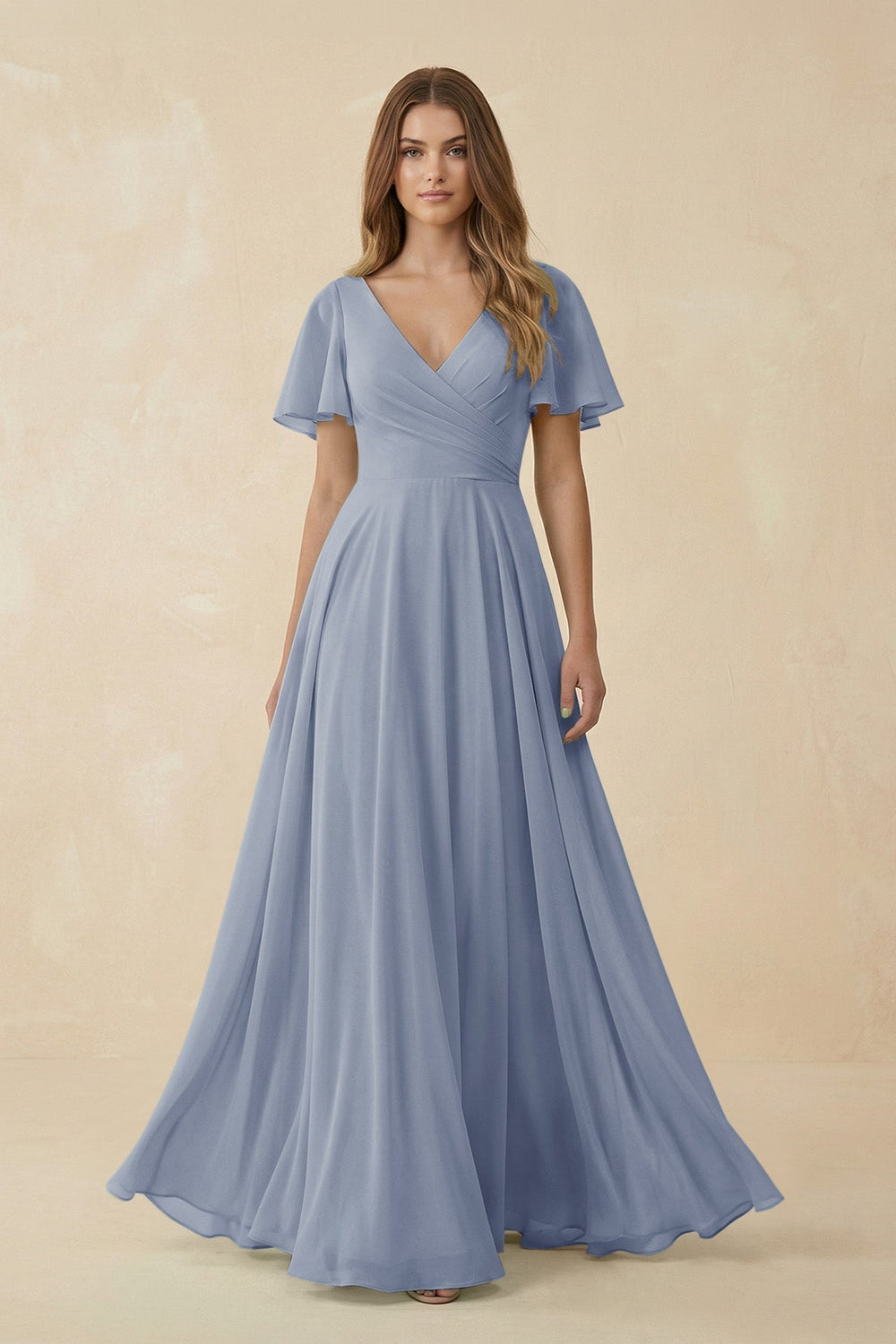 Flutter Sleeve V - Neck Chiffon A - Line Bridesmaid Dress in Twilight - KissProm Bridesmaid Dresses