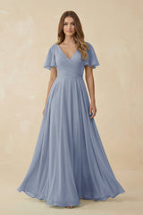 Flutter Sleeve V - Neck Chiffon A - Line Bridesmaid Dress in Twilight - KissProm Bridesmaid Dresses