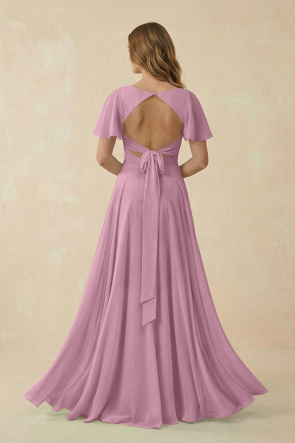 KissProm Flutter Sleeve V-Neck Chiffon A-Line Bridesmaid Dress in Vintage Mauve, Vintage Mauve / 28