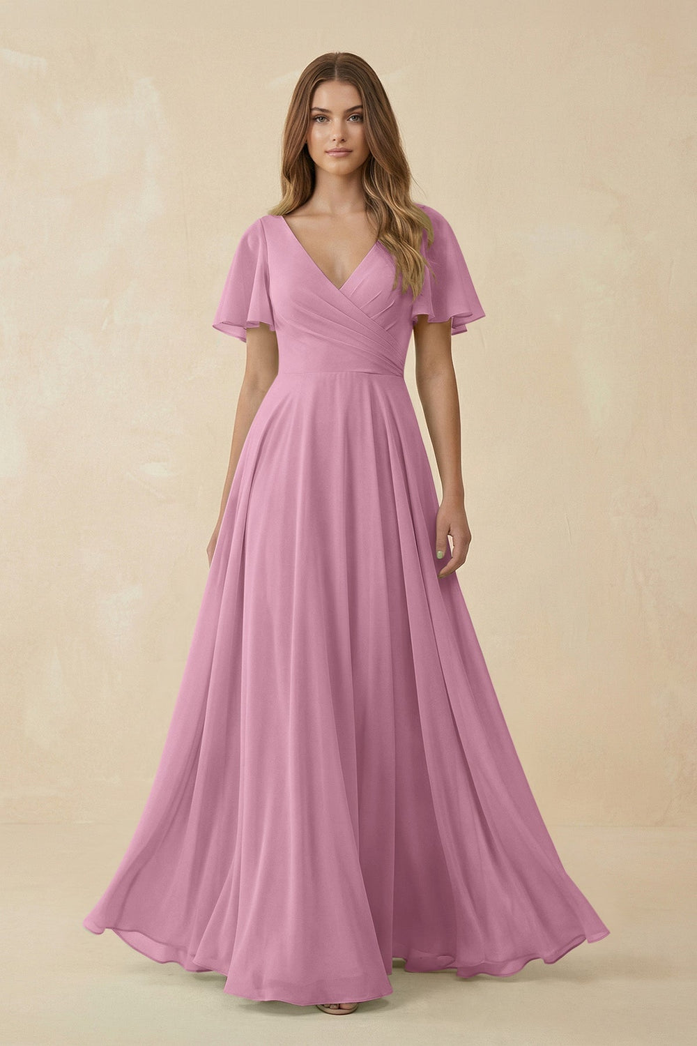 Flutter Sleeve V - Neck Chiffon A - Line Bridesmaid Dress in Vintage Mauve - KissProm Bridesmaid Dresses