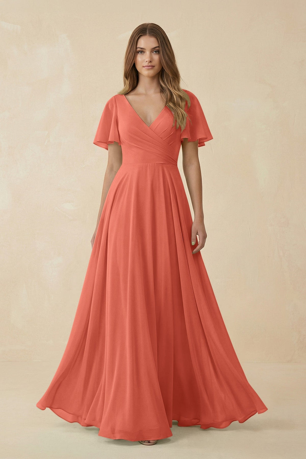 Flutter Sleeve V - Neck Chiffon A - Line Bridesmaid Dress in Wild Rose - KissProm Bridesmaid Dresses