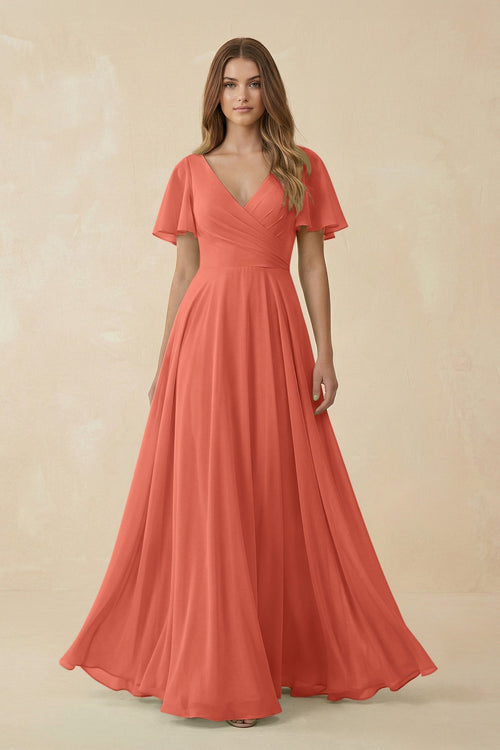 Flutter Sleeve V - Neck Chiffon A - Line Bridesmaid Dress in Wild Rose - KissProm Bridesmaid Dresses