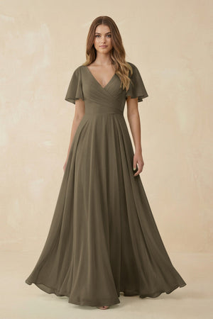 Flutter Sleeve V - Neck Chiffon A - Line Bridesmaid Dress in Willow Green - KissProm Bridesmaid Dresses