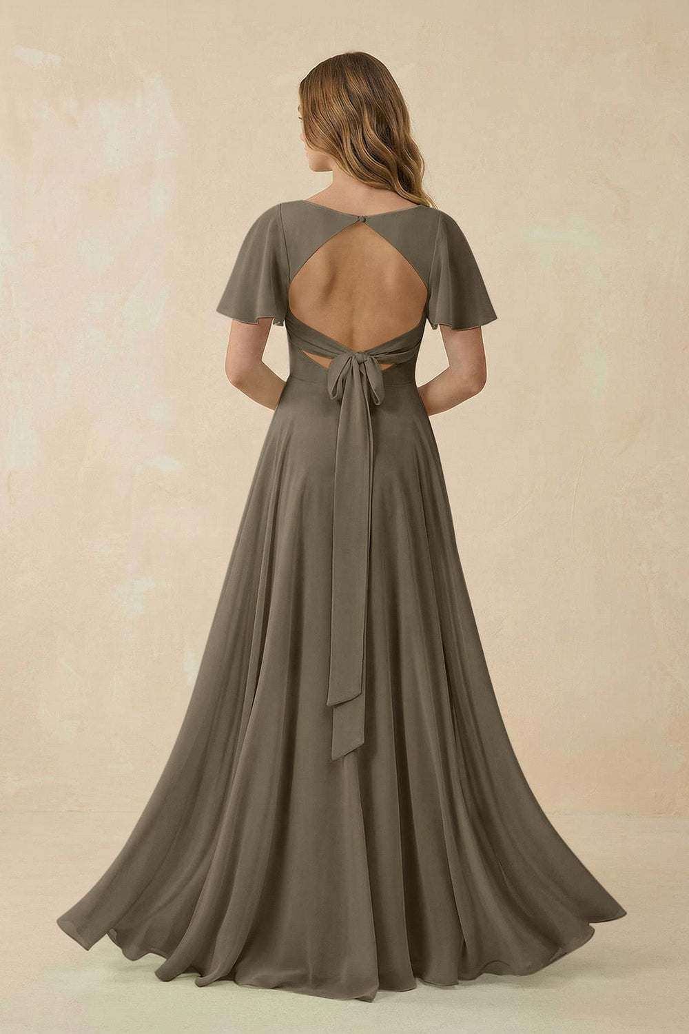 Flutter Sleeve V - Neck Chiffon A - Line Bridesmaid Dress in Willow Green - KissProm Bridesmaid Dresses