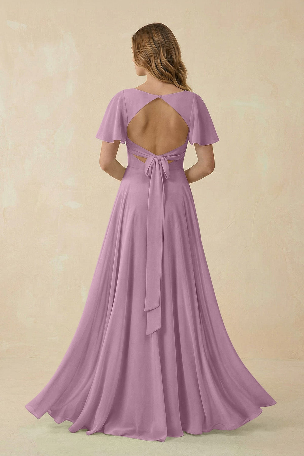 Flutter Sleeve V - Neck Chiffon A - Line Bridesmaid Dress in Wisteria - KissProm Bridesmaid Dresses