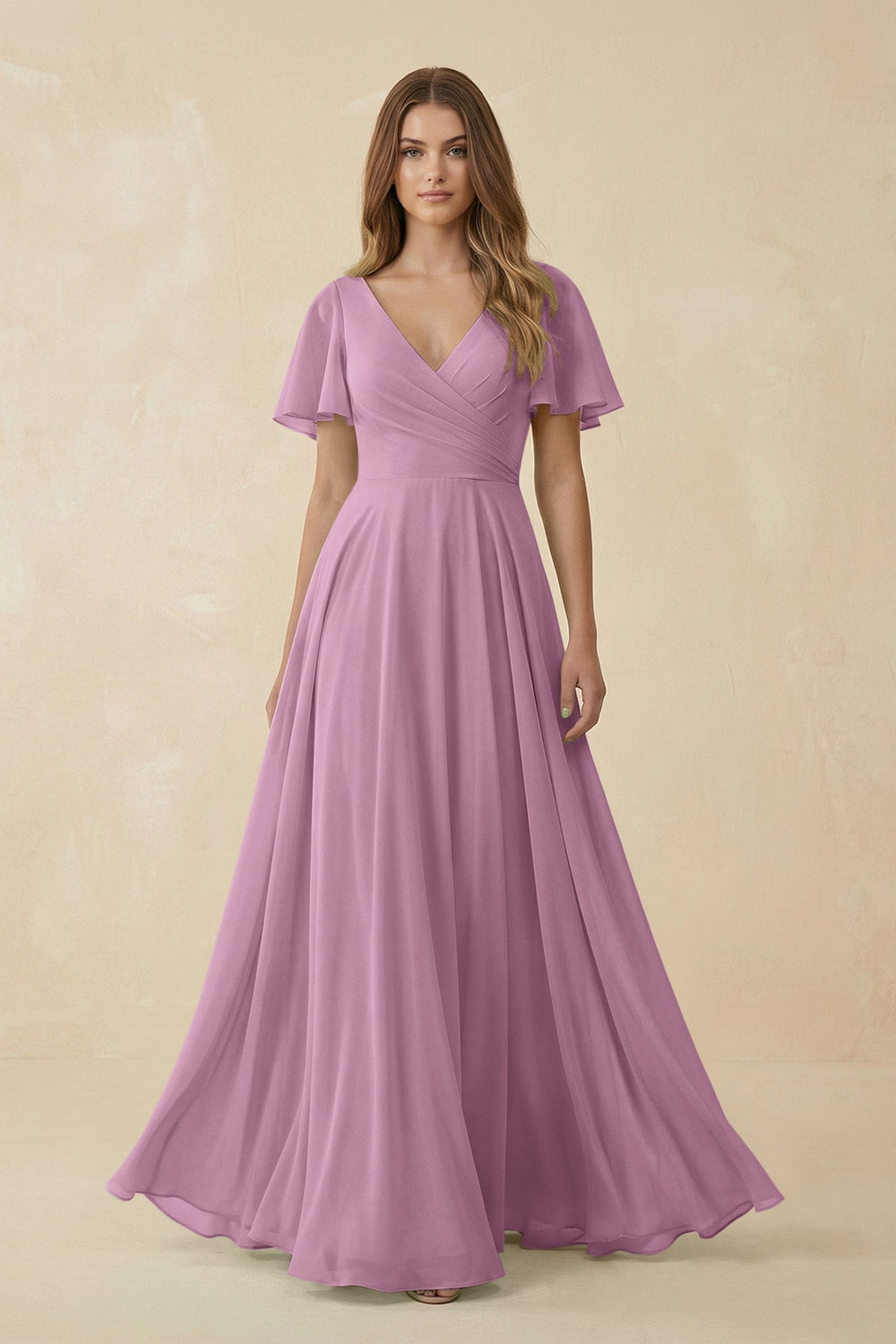 Flutter Sleeve V - Neck Chiffon A - Line Bridesmaid Dress in Wisteria - KissProm Bridesmaid Dresses