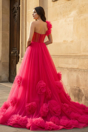 Hot Pink Ball Gown One - Shoulder Tulle Prom Dresses - KissProm