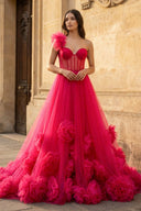 Hot Pink Ball Gown One - Shoulder Tulle Prom Dresses - KissProm