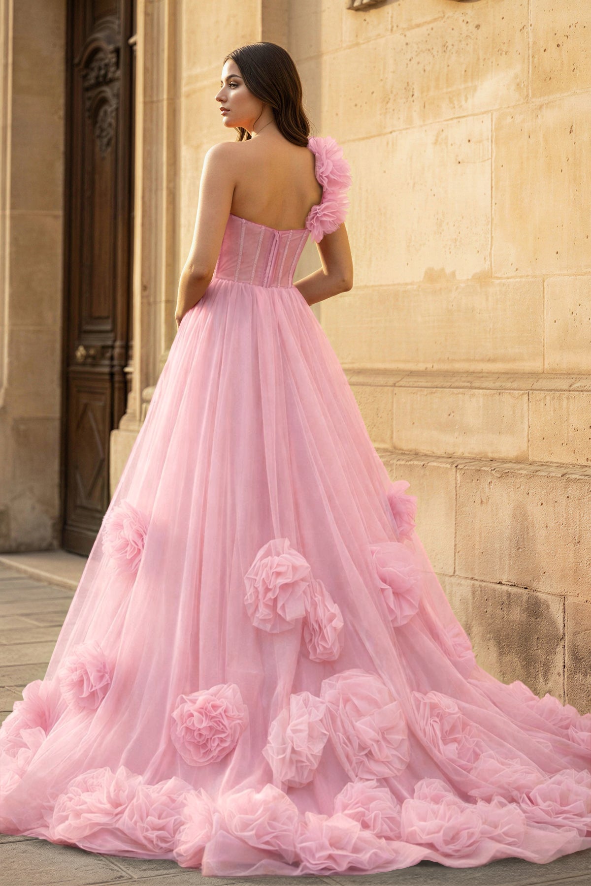 KissProm Hot Pink Ball Gown One-Shoulder Tulle Prom Dresses, Pink / 16