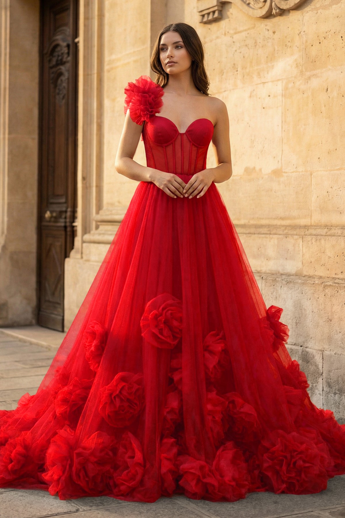 KissProm Hot Pink Ball Gown One-Shoulder Tulle Prom Dresses, Red / 2