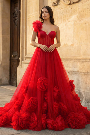 Hot Pink Ball Gown One-Shoulder Tulle Prom Dresses
