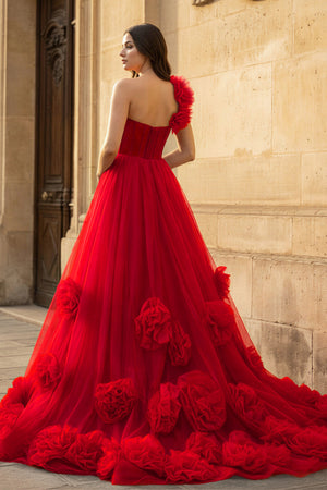 Hot Pink Ball Gown One-Shoulder Tulle Prom Dresses