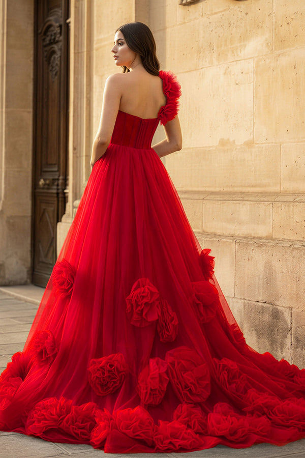 Hot Pink Ball Gown One-Shoulder Tulle Prom Dresses