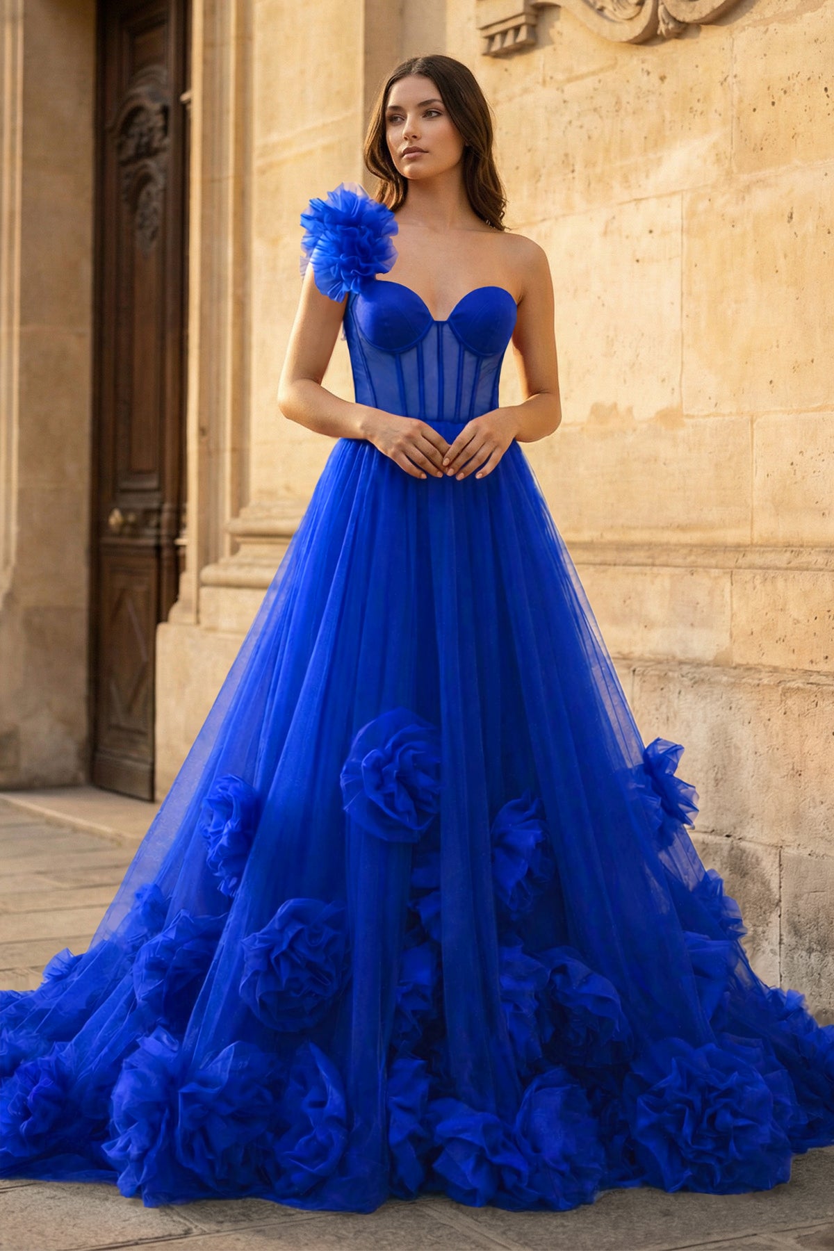 KissProm Hot Pink Ball Gown One-Shoulder Tulle Prom Dresses, Royal Blue / 6
