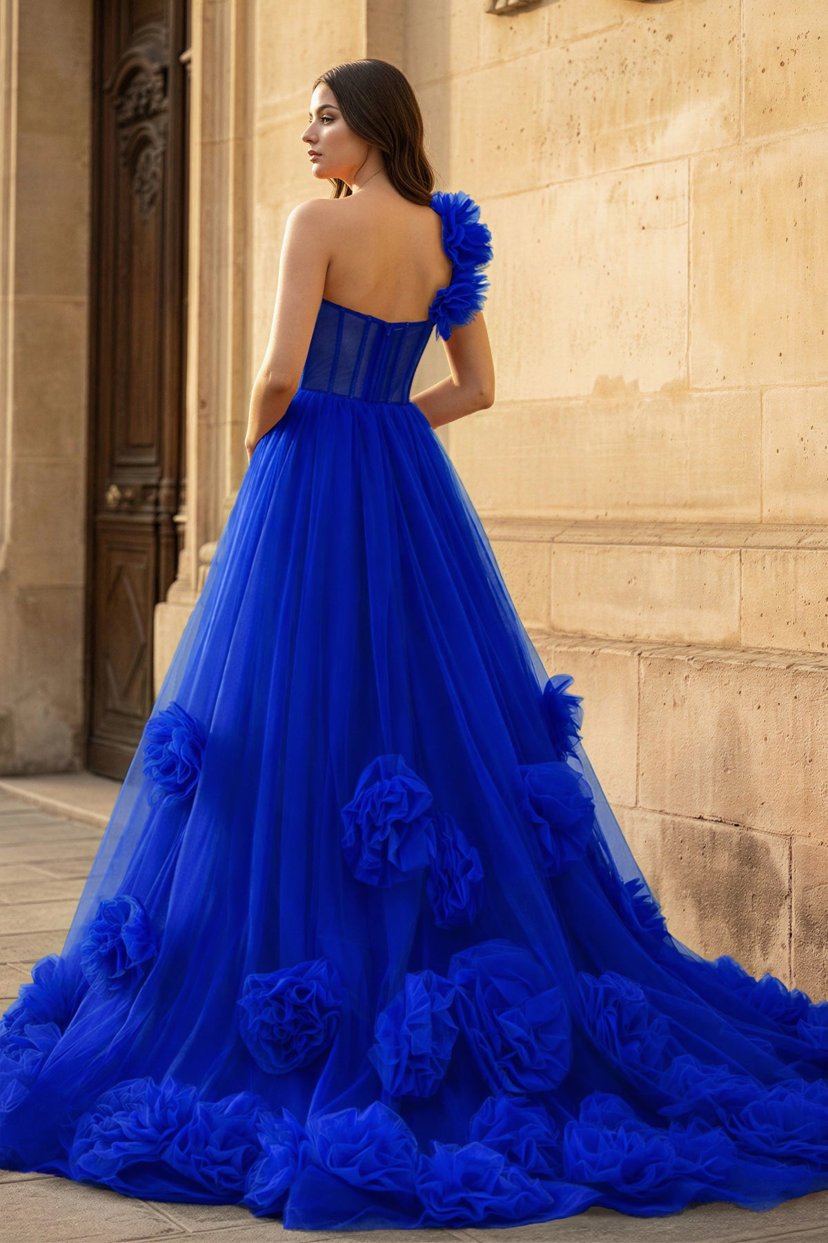 KissProm Hot Pink Ball Gown One-Shoulder Tulle Prom Dresses, Royal Blue / 6