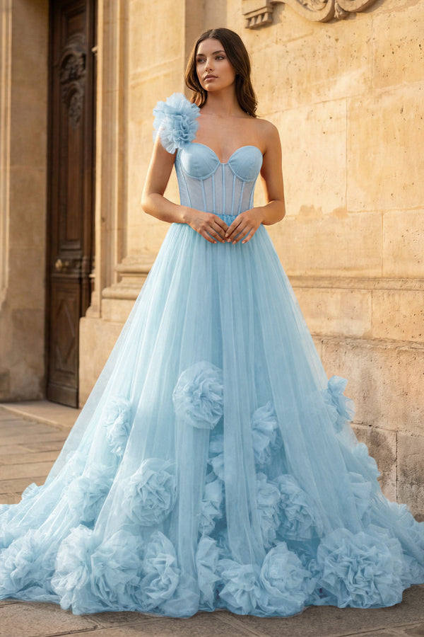 Hot Pink Ball Gown One-Shoulder Tulle Prom Dresses