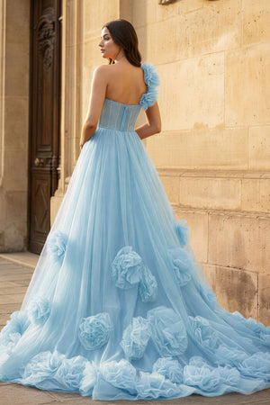 Hot Pink Ball Gown One-Shoulder Tulle Prom Dresses