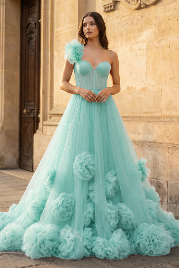 Hot Pink Ball Gown One-Shoulder Tulle Prom Dresses