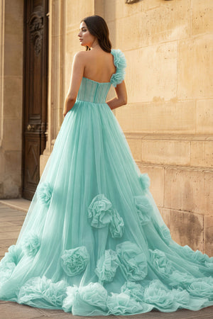 Hot Pink Ball Gown One-Shoulder Tulle Prom Dresses