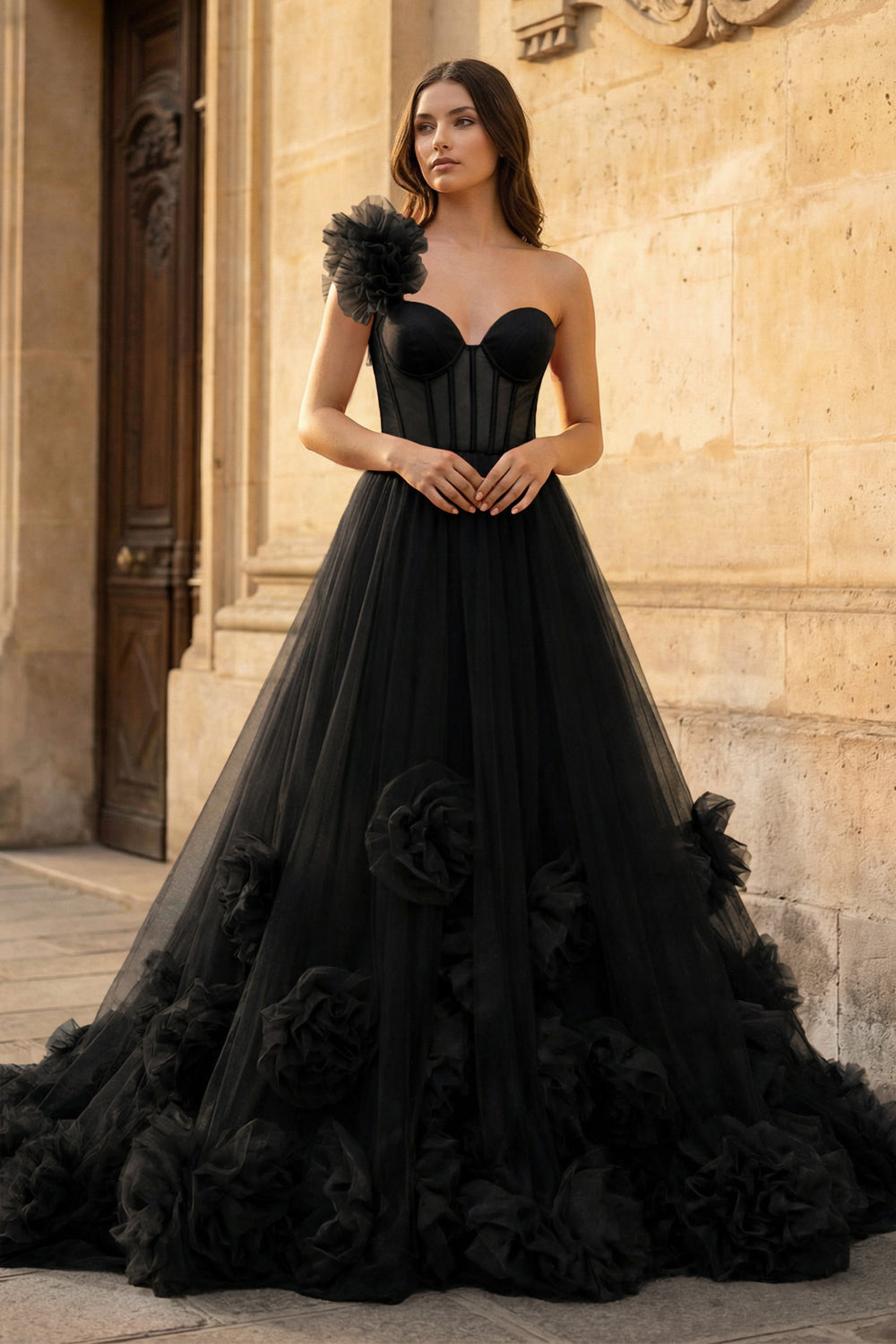 Hot Pink Ball Gown One-Shoulder Tulle Prom Dresses