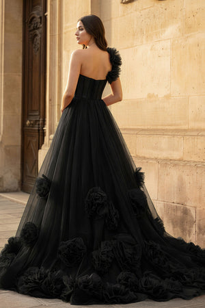 Hot Pink Ball Gown One-Shoulder Tulle Prom Dresses