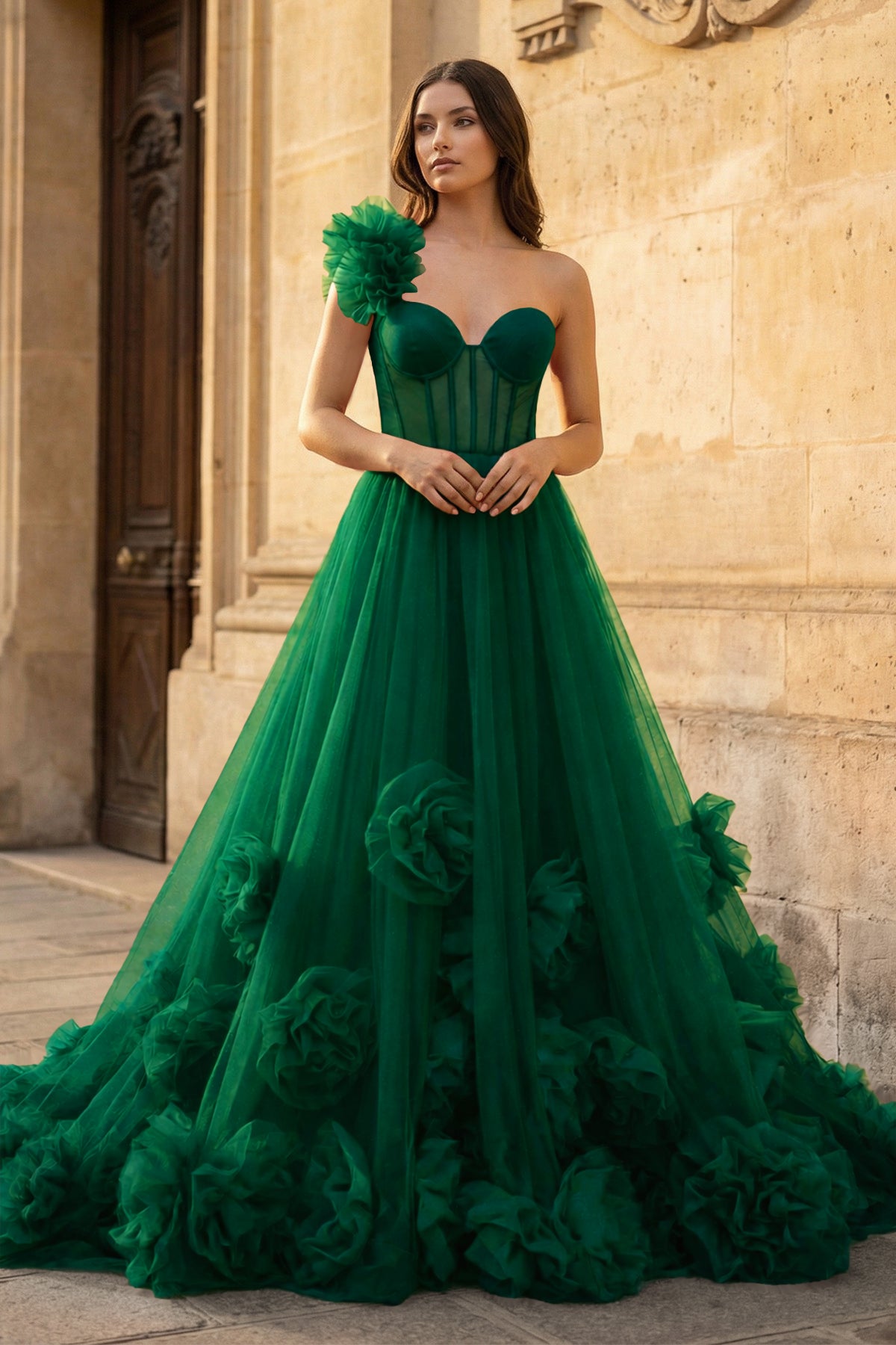 KissProm Hot Pink Ball Gown One-Shoulder Tulle Prom Dresses, Emerald / 14