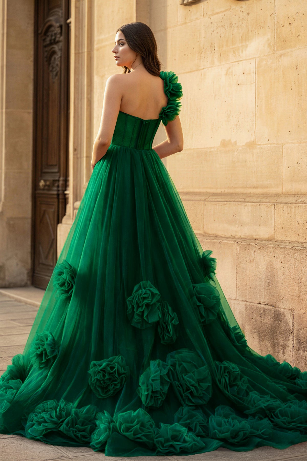 KissProm Hot Pink Ball Gown One-Shoulder Tulle Prom Dresses, Emerald / 14