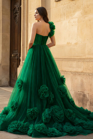 Hot Pink Ball Gown One-Shoulder Tulle Prom Dresses