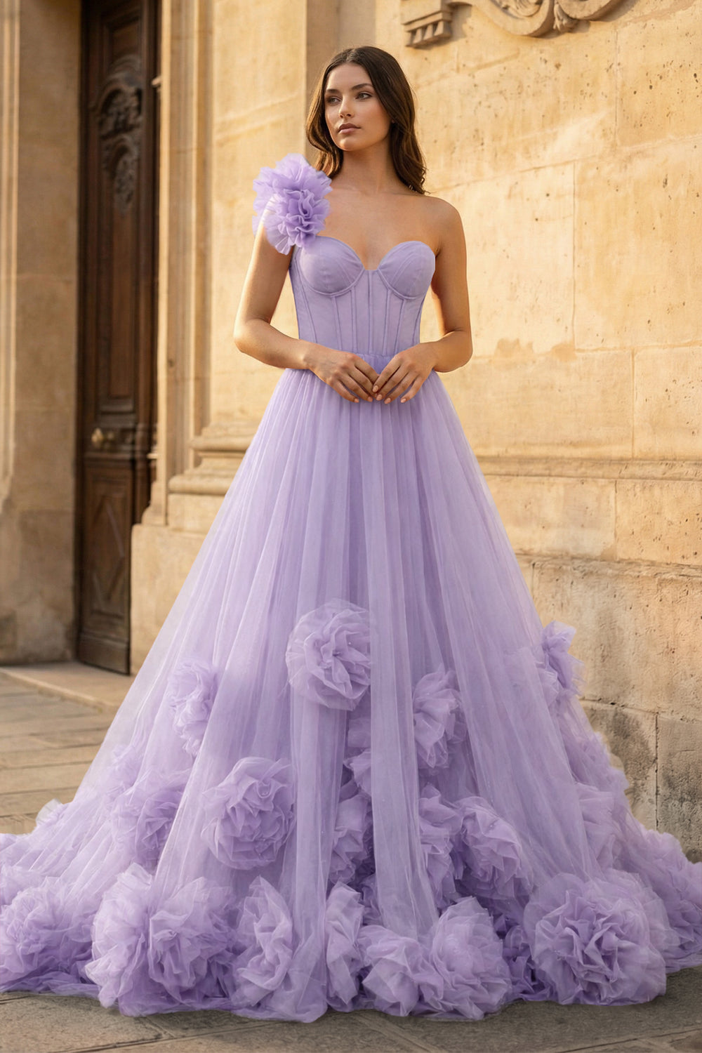 Hot Pink Ball Gown One-Shoulder Tulle Prom Dresses