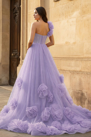 Hot Pink Ball Gown One-Shoulder Tulle Prom Dresses