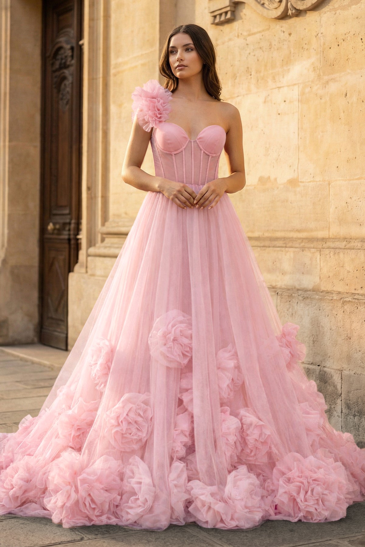 KissProm Hot Pink Ball Gown One-Shoulder Tulle Prom Dresses, Pink / 16
