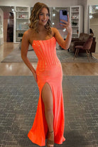 Frecia | Orange - Strapless Mermaid Satin Beaded Corset Long Formal Prom Dresses With Slit - KissProm