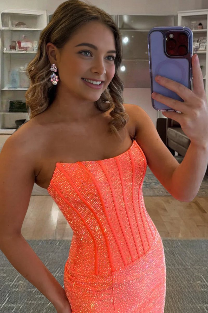 Frecia | Orange - Strapless Mermaid Satin Beaded Corset Long Formal Prom Dresses With Slit - KissProm