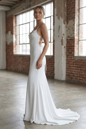 Mermaid Satin White Spaghetti - Straps Wedding Dresses With Lace - Up Back - KissProm