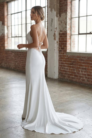 Mermaid Satin White Spaghetti - Straps Wedding Dresses With Lace - Up Back - KissProm