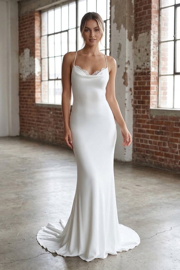 Mermaid Satin White Spaghetti - Straps Wedding Dresses With Lace - Up Back - KissProm