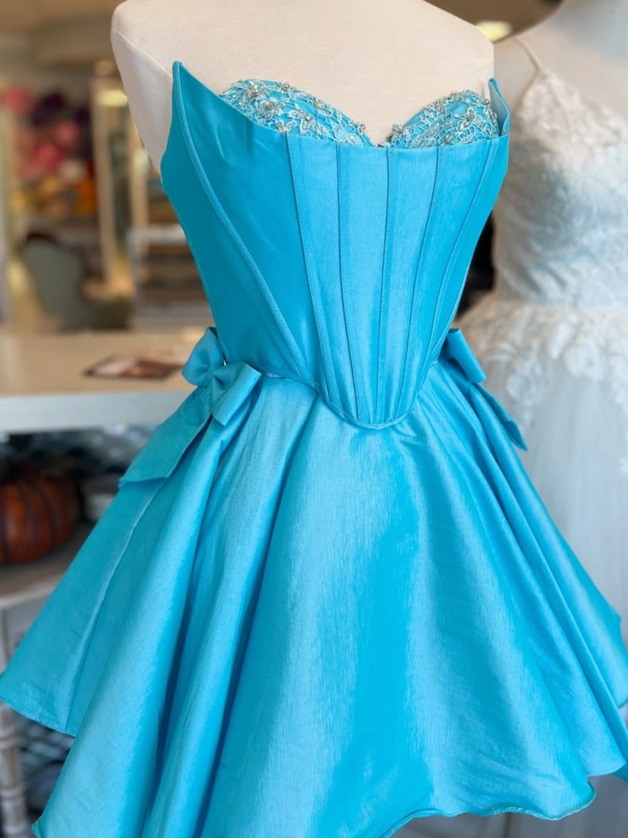 Freesia |  Blue - Strapless Satin A Line Short Homecoming Dress With Bow