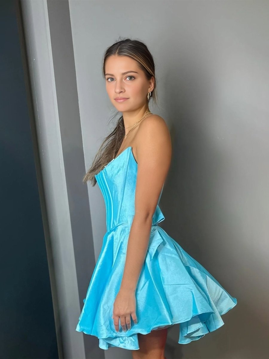 Freesia |  Blue - Strapless Satin A Line Short Homecoming Dress With Bow