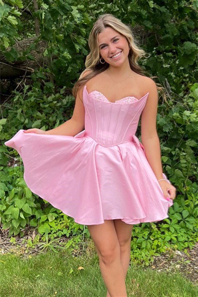 Freesia |  Pink - Strapless Satin A Line Short Homecoming Dress With Bow