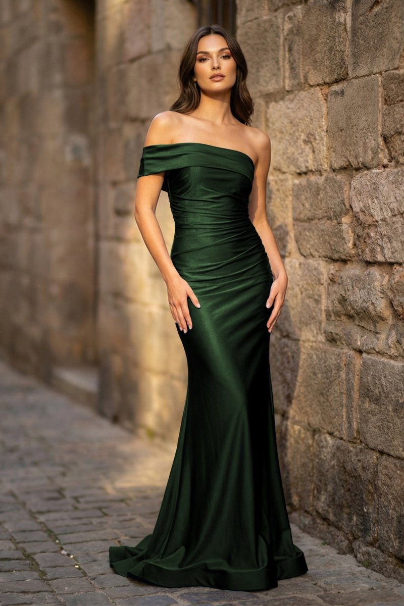 green one shoulder formal dress Elegant Green One Shoulder Prom Dress Mermaid Long Evening Gowns With Slit main image 1