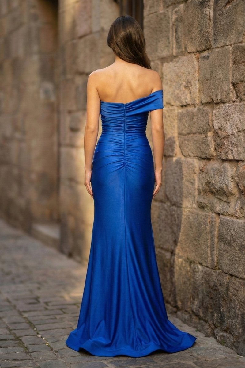one sleeve dress formal Foraml Mermaid One Shoulder Royal Blue Satin Prom Dress Evening Dress, Royal Blue / 14