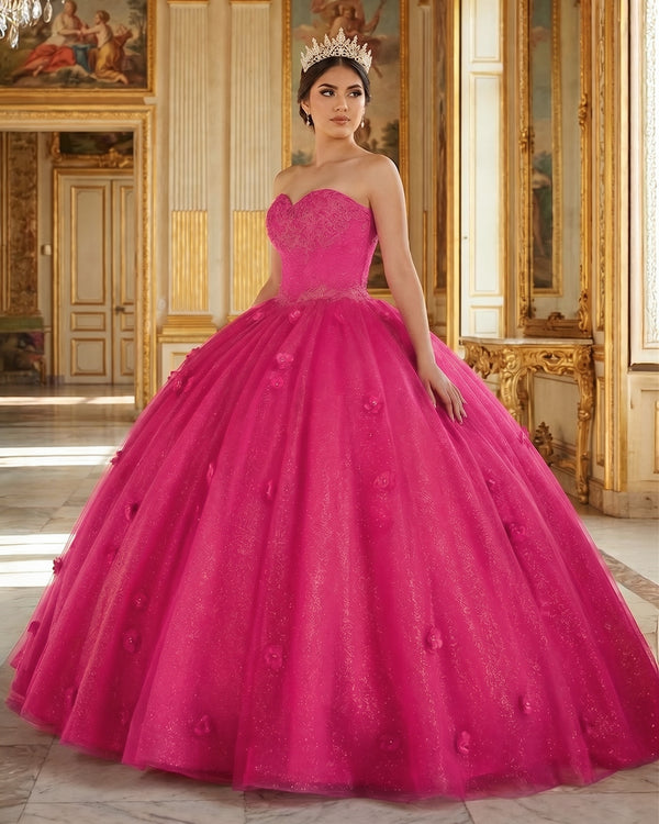 Fuchsia 3D Flowers Glitter Sequins Sleeveless Quinceanera Dresses | KISSPROM