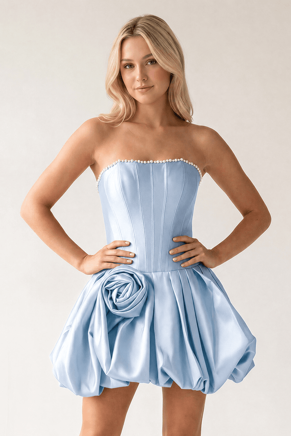 Sky Blue A-Line Bubble Hem Satin Strapless Corset Homecoming Dress – Homecoming Dress by KissProm | Available at KissProm