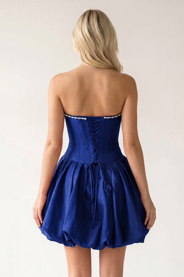 Royal Blue A-Line Bubble Hem Satin Strapless Corset Homecoming Dress – Homecoming Dress by KissProm | Available at KissProm