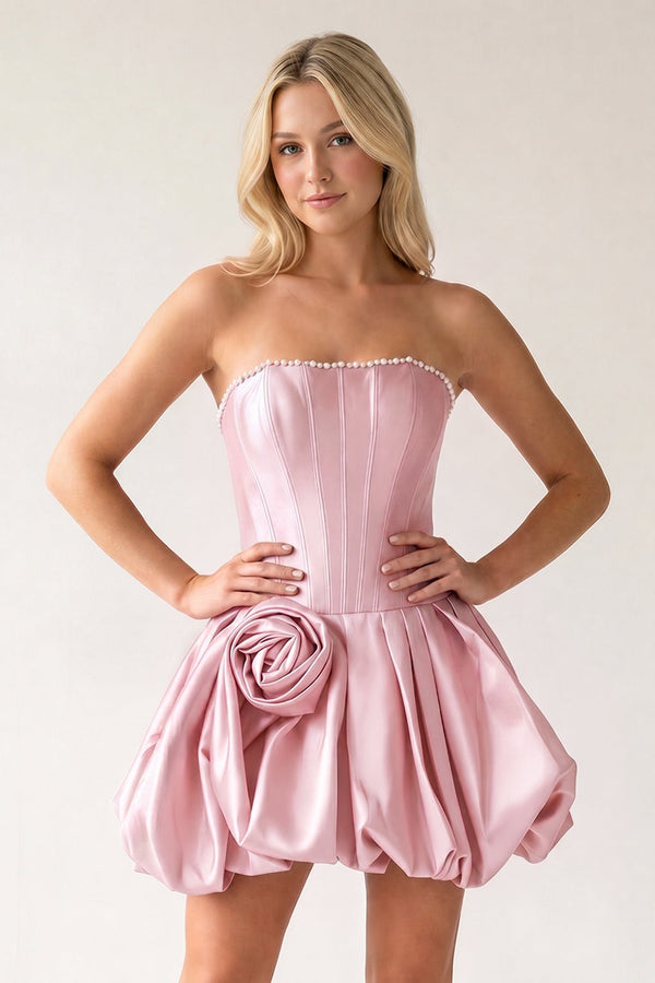 Pink A-Line Bubble Hem Satin Strapless Corset Homecoming Dress | KISSPROM