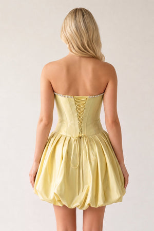 Yellow A-Line Bubble Hem Satin Strapless Corset Homecoming Dress (2) | KISSPROM