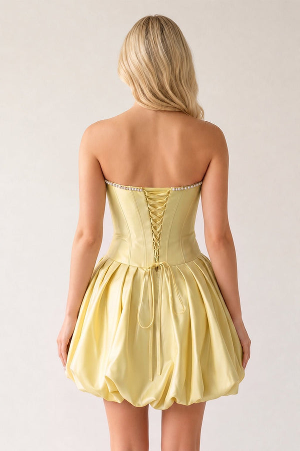 Yellow A-Line Bubble Hem Satin Strapless Corset Homecoming Dress (2) | KISSPROM