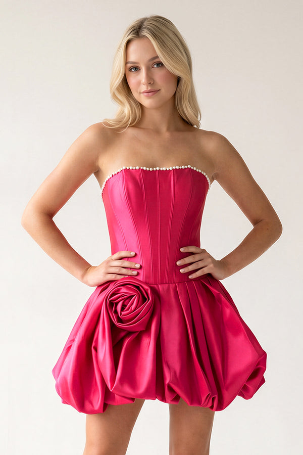 Fuchsia A-Line Bubble Hem Satin Strapless Corset Homecoming Dress – Homecoming Dress by KissProm | Available at KissProm