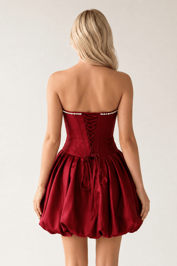 Burgundy A-Line Bubble Hem Satin Strapless Corset Homecoming Dress – Homecoming Dress by KissProm | Available at KissProm