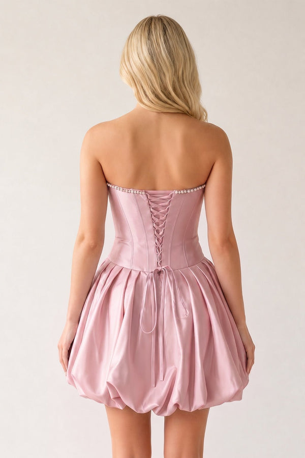 Pink A-Line Bubble Hem Satin Strapless Corset Homecoming Dress (2) | KISSPROM